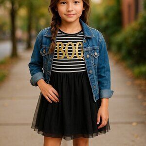 Halloween Boo! Dress Girls Size Medium 7/8 Striped Long Sleeve And Tulle Bottom